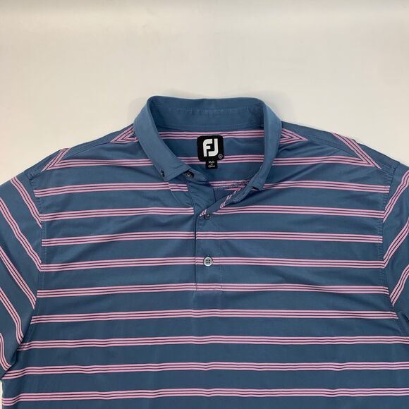 FJ FootJoy Shirt Mens L Large Blue Pink Striped Short Sleeve Golf Golfing Polo - Picture 3 of 16